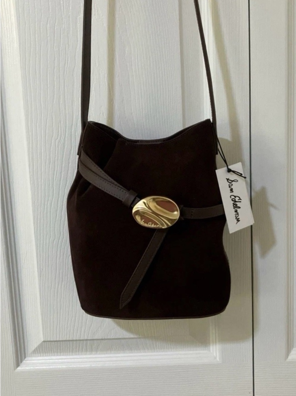 Sam Edelman Dark Brown Real Suede Shoulder Bucket Bag with Gold Accent